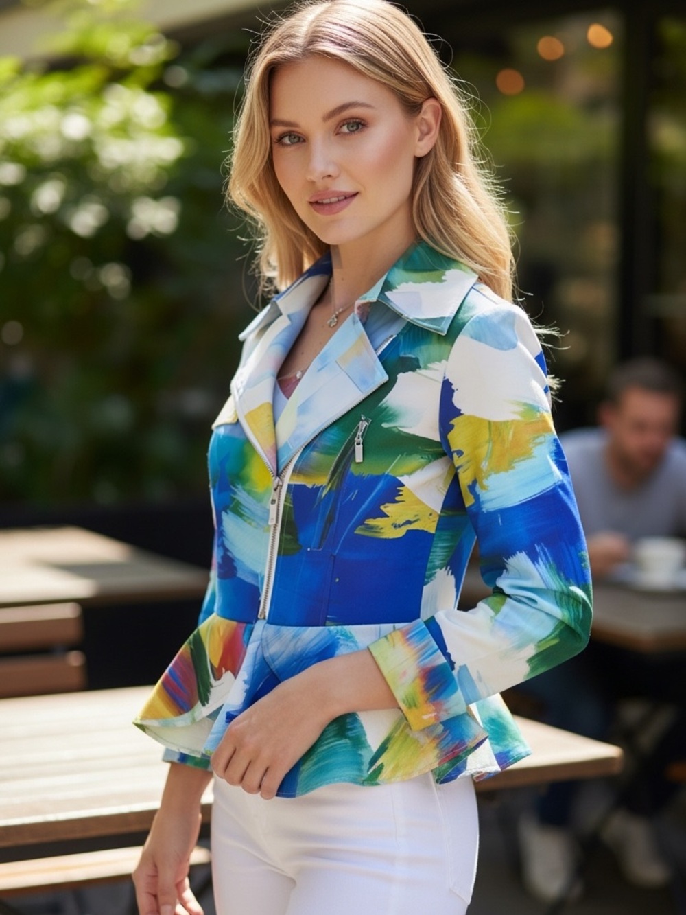 Samuel Dong Abstract Art Moto Jacket Peplum Size M NWOT Watercolor Asymmetric